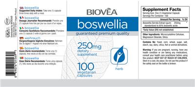 Photo of the BIOVEA Boswellia 250 mg label