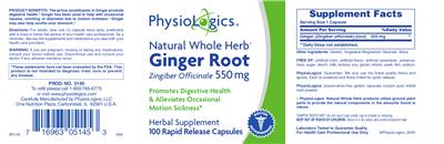 Photo of the PhysioLogics Natural Whole Herb Ginger Root Zingiber Officinale 550 mg label