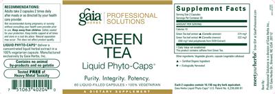Photo of the Gaia Herbs Professional Solutions Green Tea Liquid Phyto-Caps label