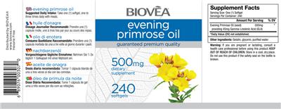 Photo of the BIOVEA Evening Primrose Oil 500 mg label