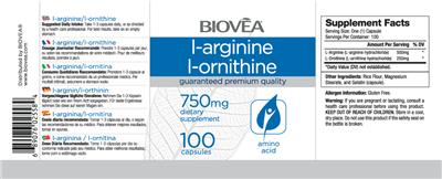 Photo of the BIOVEA L-Arginine L-Ornithine 750 mg label