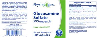Photo of the PhysioLogics Glucosamine Sulfate 500 mg label