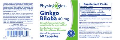 Photo of the PhysioLogics Ginkgo Biloba 40 mg label