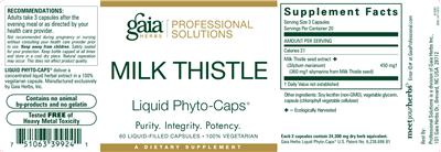 Photo of the Gaia Herbs Professional Solutions Milk Thistle Liquid Phyto-Caps label
