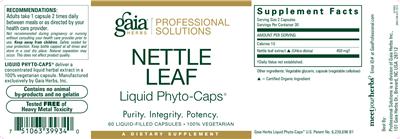 Photo of the Gaia Herbs Professional Solutions Nettle Leaf Liquid Phyto-Caps label