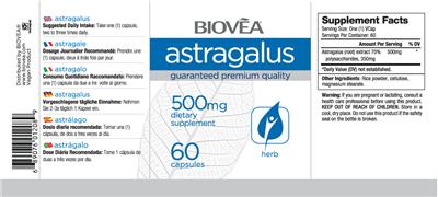 Photo of the BIOVEA Astragalus 500 mg label
