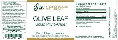 Photo of the Gaia Herbs Professional Solutions Olive Leaf Liquid Phyto-Caps label