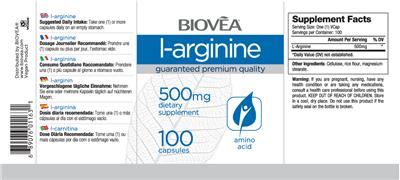 Photo of the BIOVEA L-Arginine 500 mg label