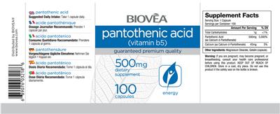 Photo of the BIOVEA Pantothenic Acid (Vitamin B5) 500 mg label
