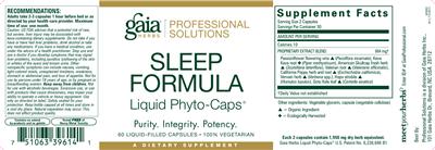Photo of the Gaia Herbs Professional Solutions Sleep Formula Liquid Phyto-Caps label