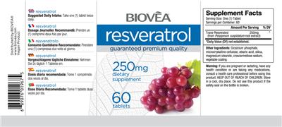 Photo of the BIOVEA Resveratrol 250 mg label