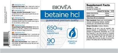 Photo of the BIOVEA Betaine HCl 650 mg label