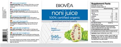 Photo of the BIOVEA Noni Juice 100% Certified Organic label