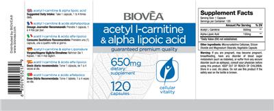 Photo of the BIOVEA Acetyl L-Carnitine & Alpha Lipoic Acid 650 mg label