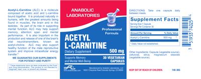 Photo of the Anabolic Laboratories Acetyl L-Carnitine 500 mg label
