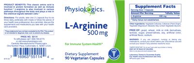 Photo of the PhysioLogics L-Arginine 500 mg label