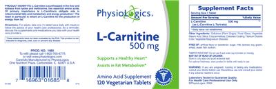 Photo of the PhysioLogics L-Carnitine 500 mg label