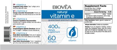 Photo of the BIOVEA Natural Vitamin E 400 IU label
