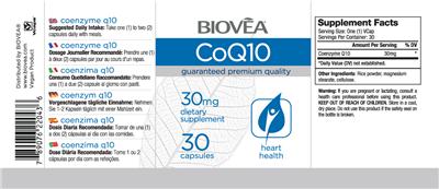 Photo of the BIOVEA CoQ10 30 mg label