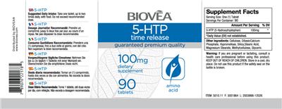 Photo of the BIOVEA 5-HTP Time Release 100 mg label