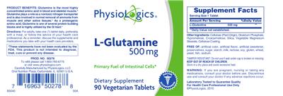 Photo of the PhysioLogics L-Glutamine 500 mg label