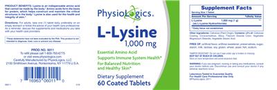 Photo of the PhysioLogics L-Lysine 1000 mg label
