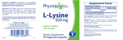 Photo of the PhysioLogics L-Lysine 500 mg label