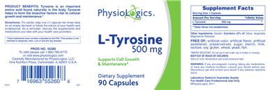 Photo of the PhysioLogics L-Tyrosine 500 mg label