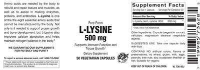 Photo of the Vitamer Laboratories L-Lysine 500 mg label