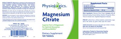 Photo of the PhysioLogics Magnesium Citrate label