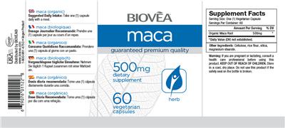 Photo of the BIOVEA Maca 500 mg label