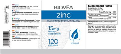 Photo of the BIOVEA Zinc 15 mg label