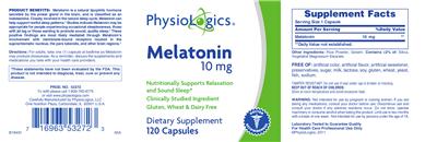 Photo of the PhysioLogics Melatonin 10 mg label