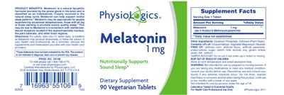 Photo of the PhysioLogics Melatonin 1 mg label