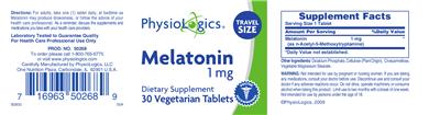 Photo of the PhysioLogics Melatonin 1 mg label
