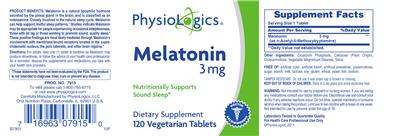 Photo of the PhysioLogics Melatonin 3 mg label