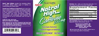 Photo of the Natrol Natrol High Caffeine 200 mg label