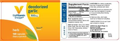 Photo of the The Vitamin Shoppe Deodorized Garlic 500 mg label
