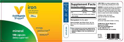 Photo of the The Vitamin Shoppe Iron 28 mg label
