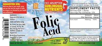 Photo of the L.A. Naturals Folic Acid label