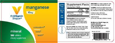 Photo of the The Vitamin Shoppe Manganese 10 mg label