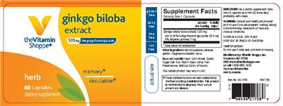 Photo of the The Vitamin Shoppe Ginkgo Biloba Extract 120 mg label