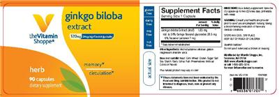 Photo of the The Vitamin Shoppe Ginkgo Biloba Extract 120 mg label