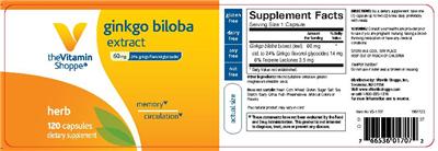 Photo of the The Vitamin Shoppe Ginkgo Biloba Extract 60 mg label