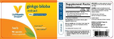 Photo of the The Vitamin Shoppe Ginkgo Biloba Extract 60 mg label