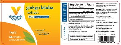 Photo of the The Vitamin Shoppe Ginkgo Biloba Extract 60 mg label