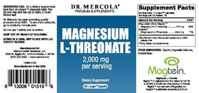 Photo of the Dr. Mercola Magnesium L-Threonate label