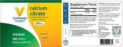 Photo of the The Vitamin Shoppe Calcium Citrate 250 mg label