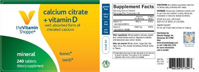 Photo of the The Vitamin Shoppe Calcium Citrate + Vitamin D label