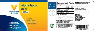 Photo of the The Vitamin Shoppe Alpha Lipoic Acid 100 mg label